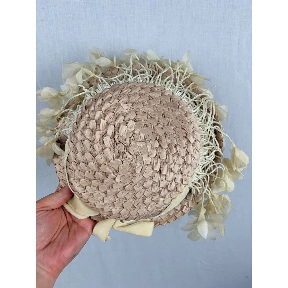 Jo Bailey Vintage Straw Pillbox Hat Velvet Bow Floral Tassels Tan Women